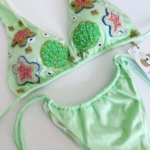 NWT Green Shells Chic Swimsuit Colombian Bikini Set Embroidered Beaded Swimwear
